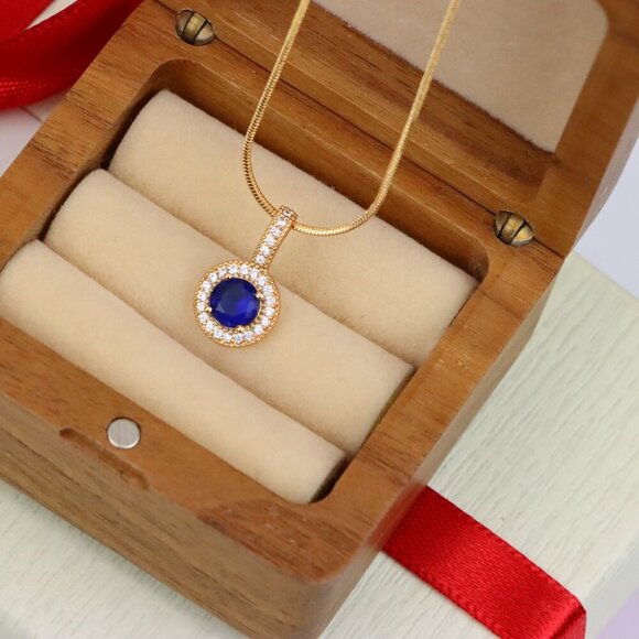 "Gold Plated Blue Round Pendant with Crystal Halo for Women, XPPT1739 - Picture 7 of 13